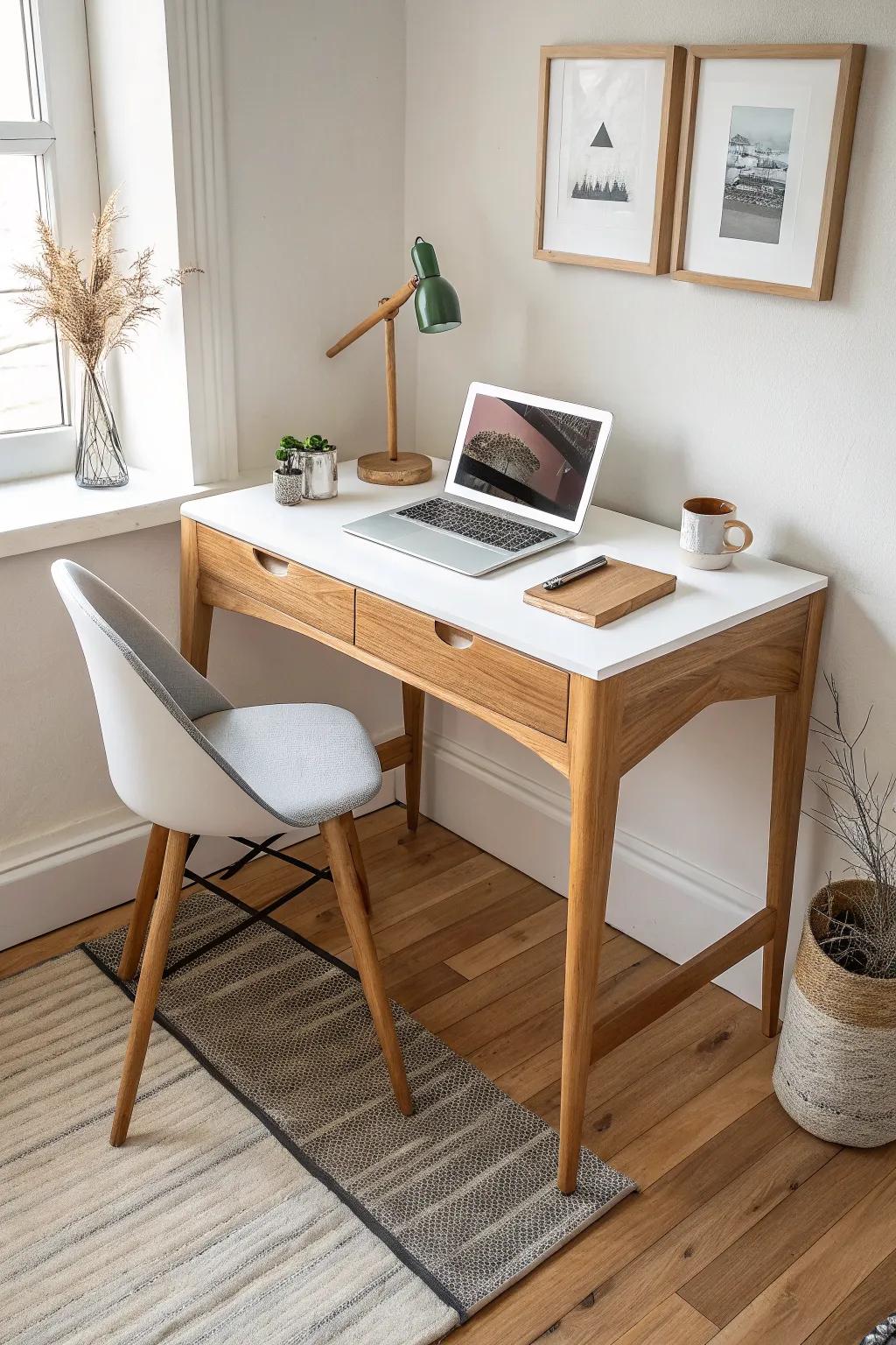 A space-saving corner desk with a triangular oak top—minimal, warm, and perfectly practical.
