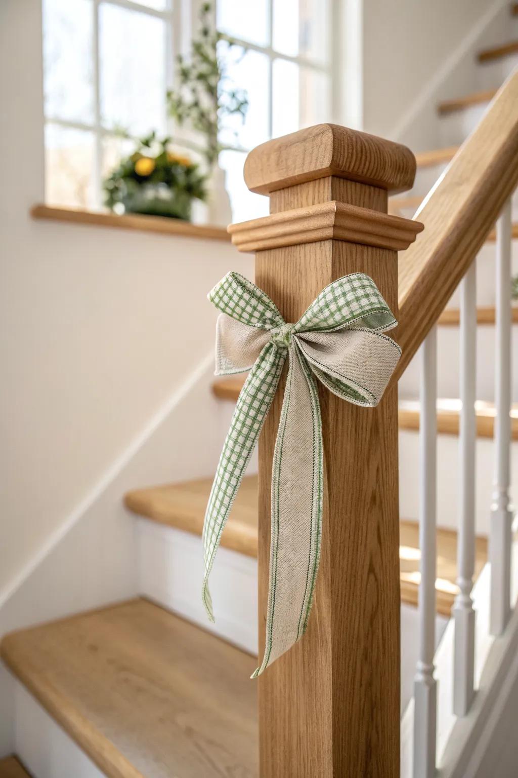 Neutral newel post, one wired bow—swap a single accent color for effortless year-round charm.