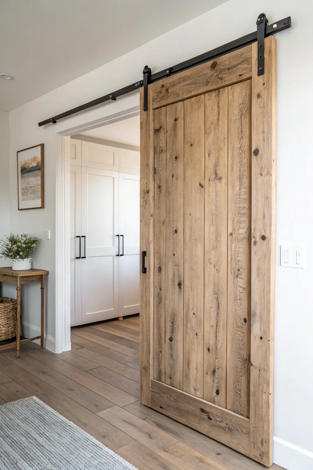 Space-saving sliding barn door: rustic reclaimed wood warmth with clean Scandinavian lines.