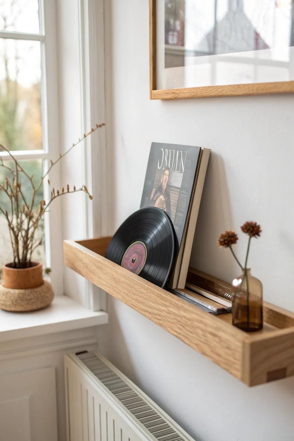 A slim oak wall ledge that lets your now‑playing record shine as simple decor.