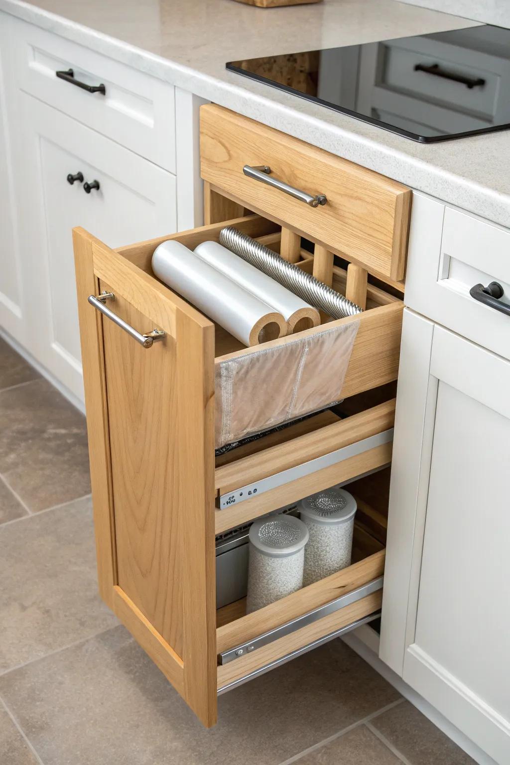 A slim 9-inch pull-out wrap & utensil cabinet that frees drawers—minimal oak, maximum order.