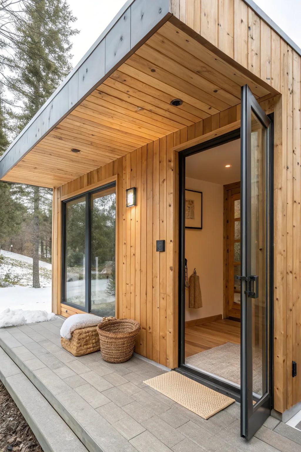 A light-filled entry bump-out: warm wood cladding, slim posts, and lots of glass.