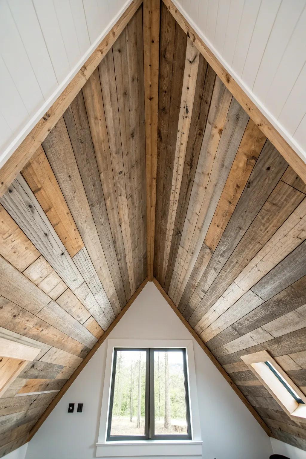 Reclaimed planks in mixed widths turn an A-frame peak into a warm, collected focal point.