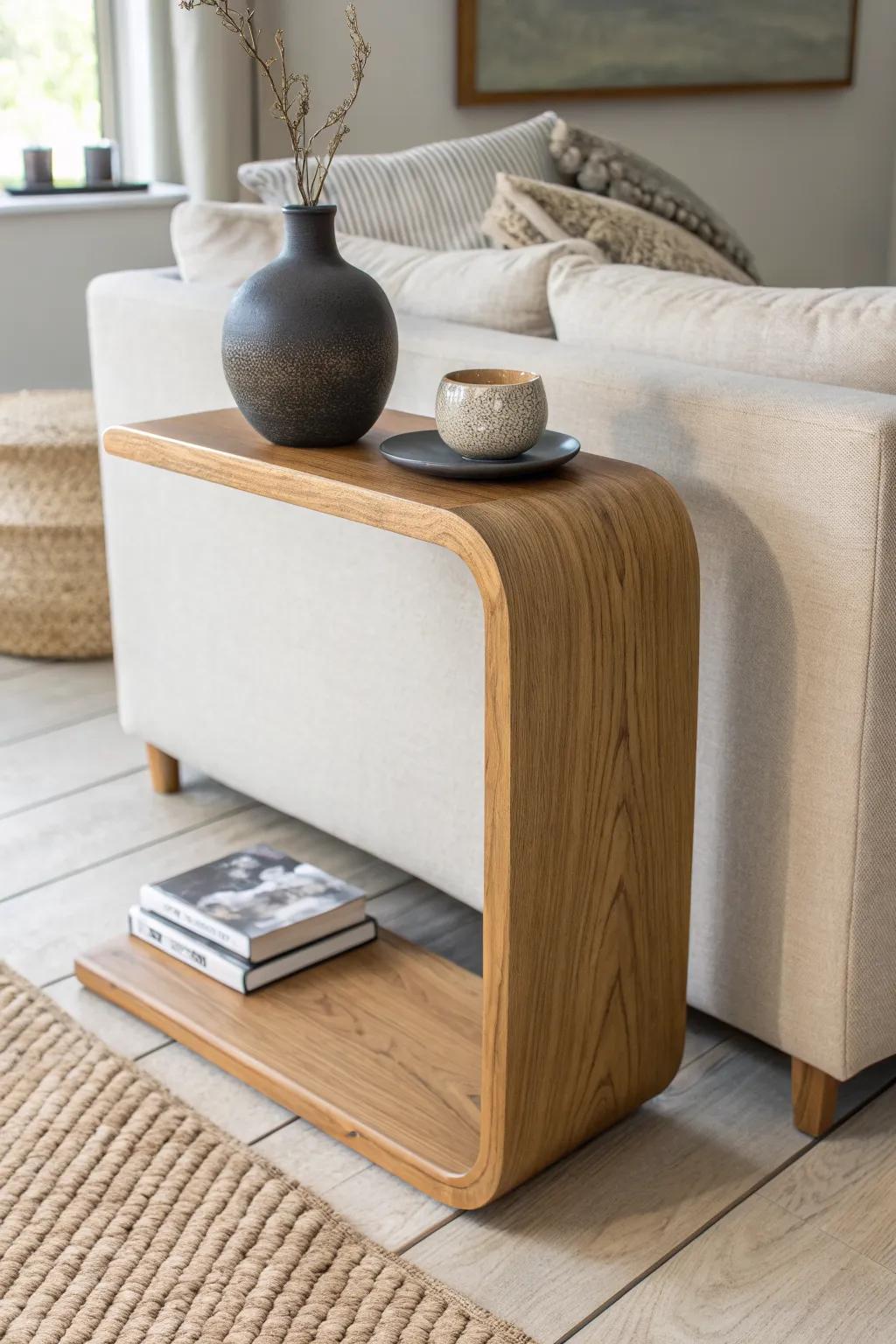 Slide-under C-table in warm oak—minimal, handcrafted, and perfect for small-space lounging.