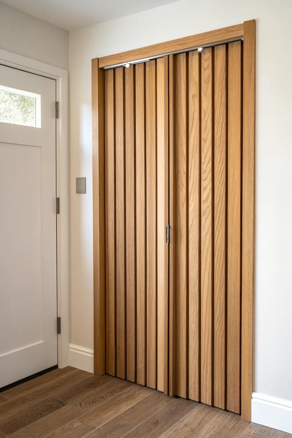 Slim vertical wood slats turn an accordion closet door into a modern, airy statement.