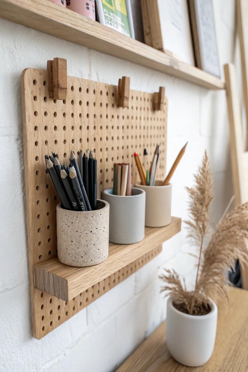 A pretty pencil-cup row that turns your pegboard into a calm, curated display.