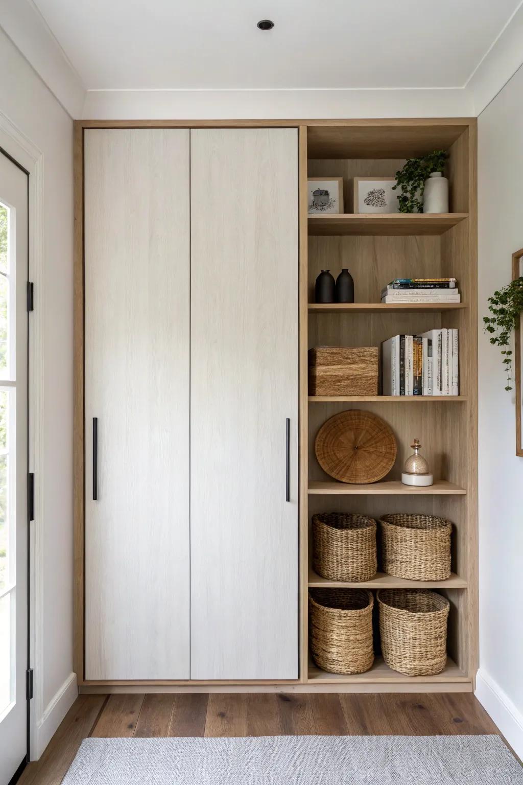 Half-closed wardrobe, half-open shelving—light oak storage with airy space for baskets and books.