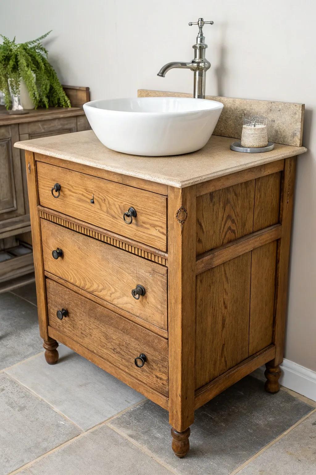 Simple vessel sink on an antique vanity—maximum charm, minimal cuts to preserve the wood.