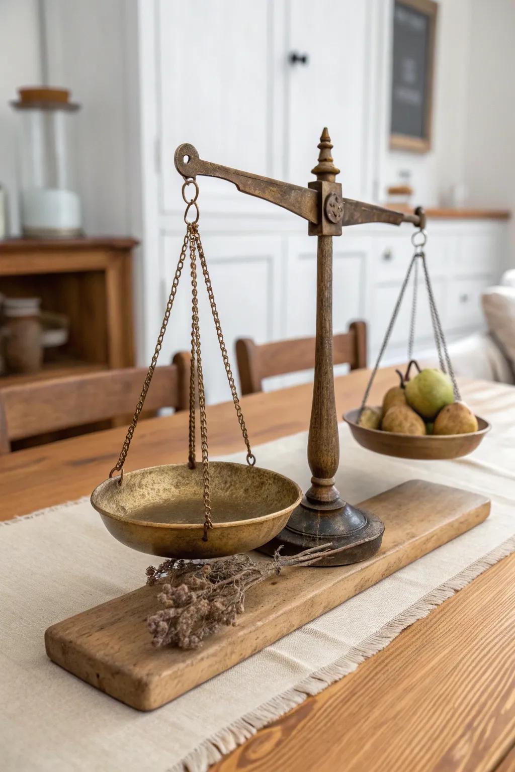 Antique scale centerpiece: aged metal + warm wood for an effortless vintage farmhouse moment.