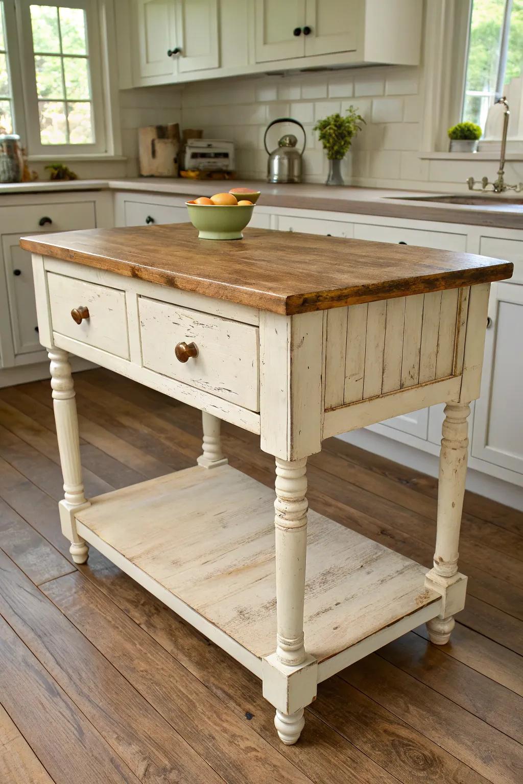 Creamy distressed paint with warm wood peeking through—an antique island with earned farmhouse charm.
