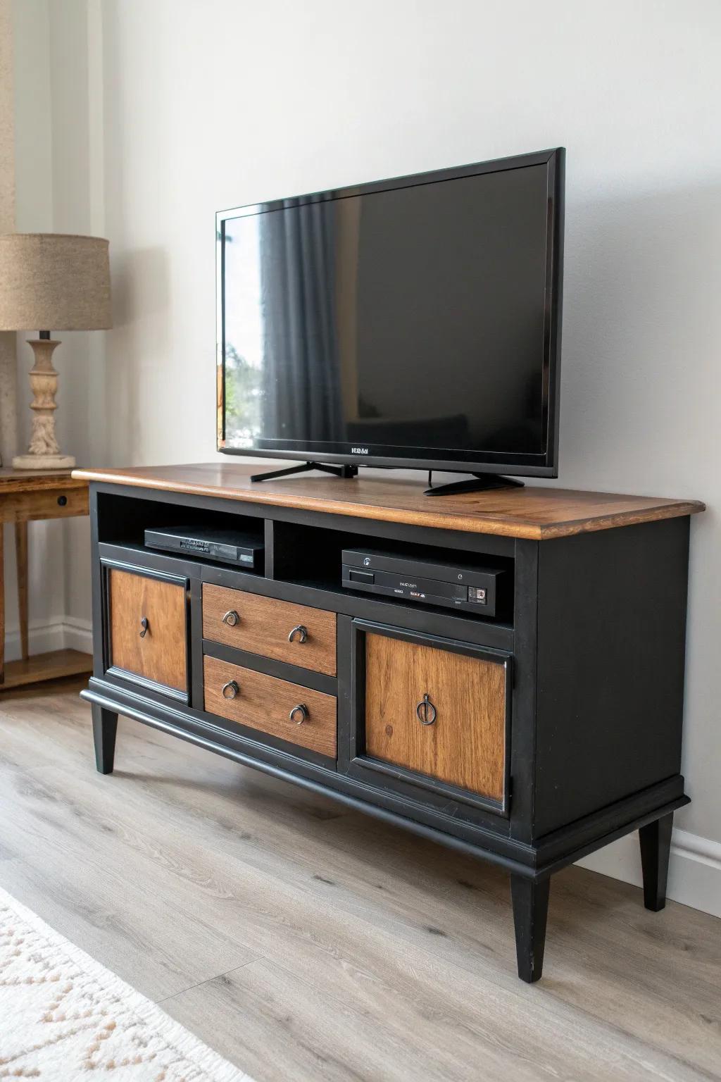 Matte black antique TV stand with softly rubbed edges—dramatic contrast, warm wood charm.