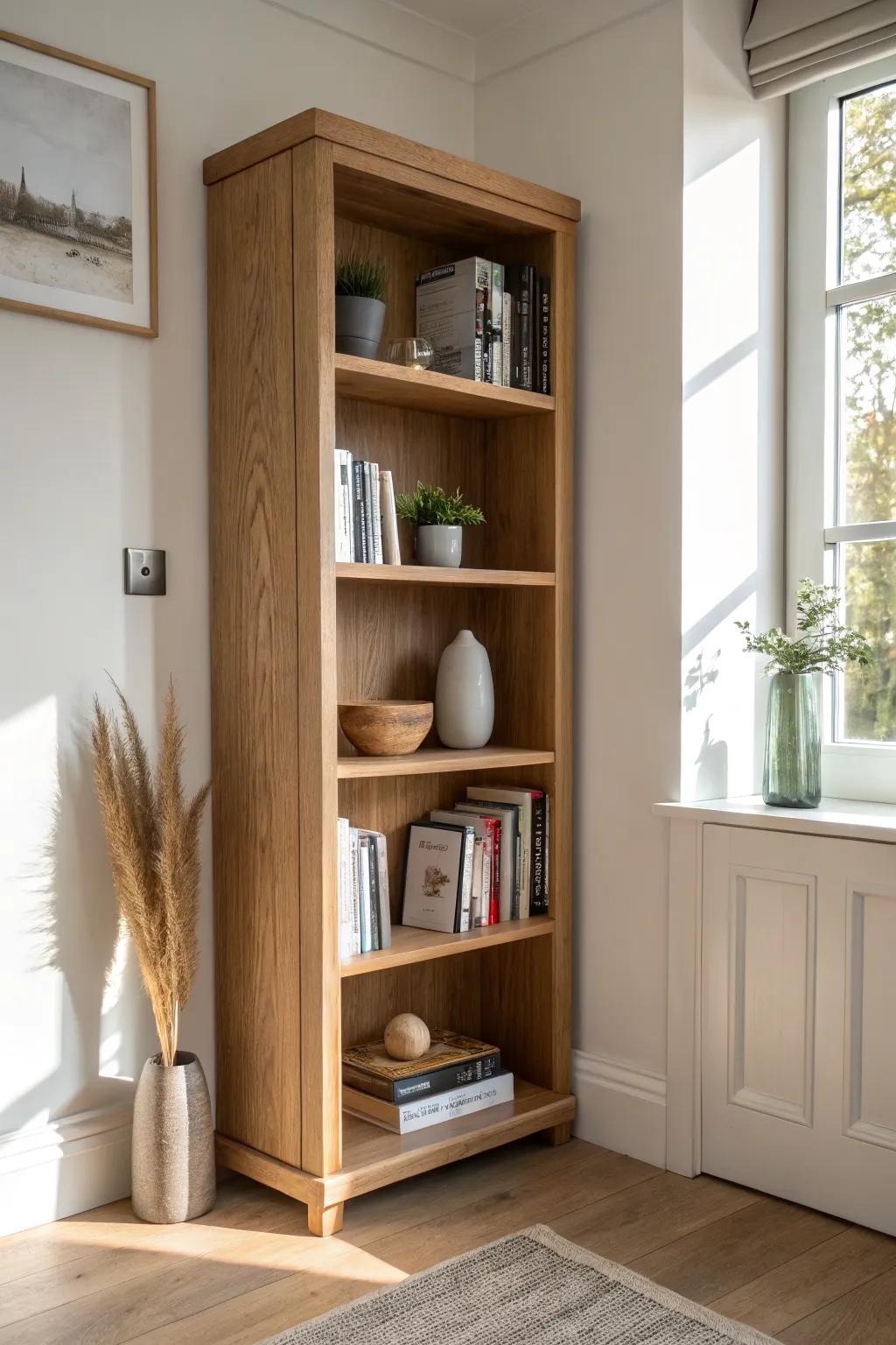 A cozy corner library: handcrafted oak L‑shelf styling for small apartments, light and calm.