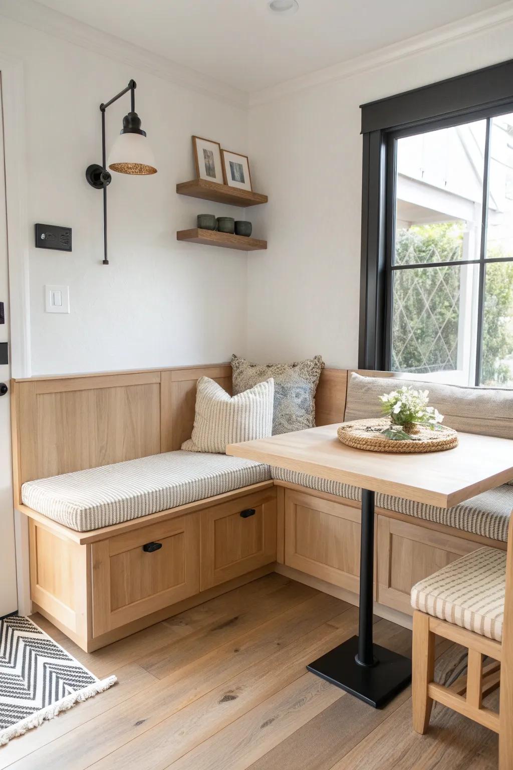 Corner banquette seating turns wasted corners into a cozy dining spot—ideal for small apartments.