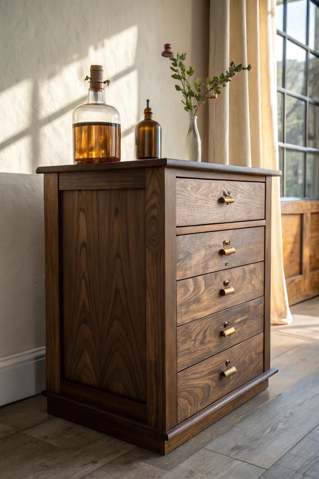 Dark, moody stained wood makes amber apothecary glass and warm brass hardware glow.