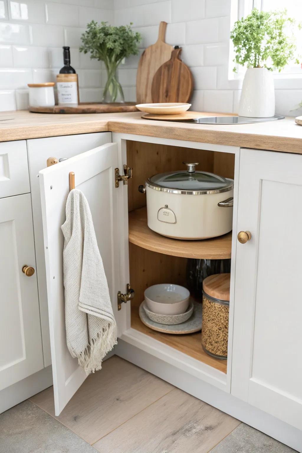 Turn a dead corner into gold: a smooth lazy Susan cabinet that makes big appliances easy to grab.
