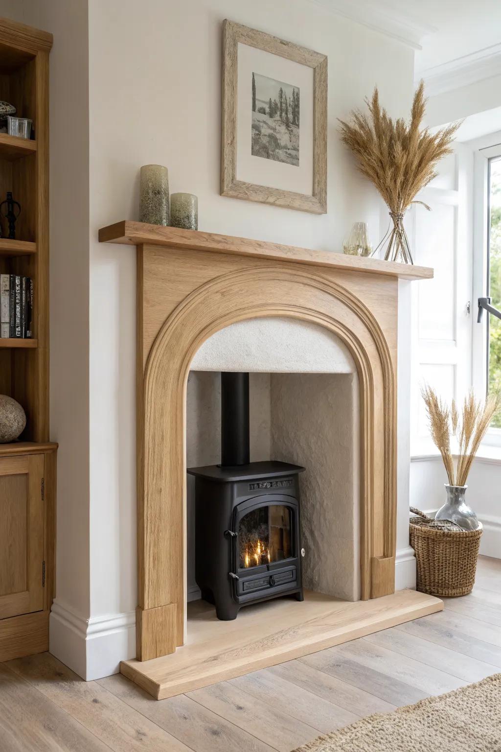 A sculpted oak arch framed by sleek built-ins—minimal lines that let the curve shine.