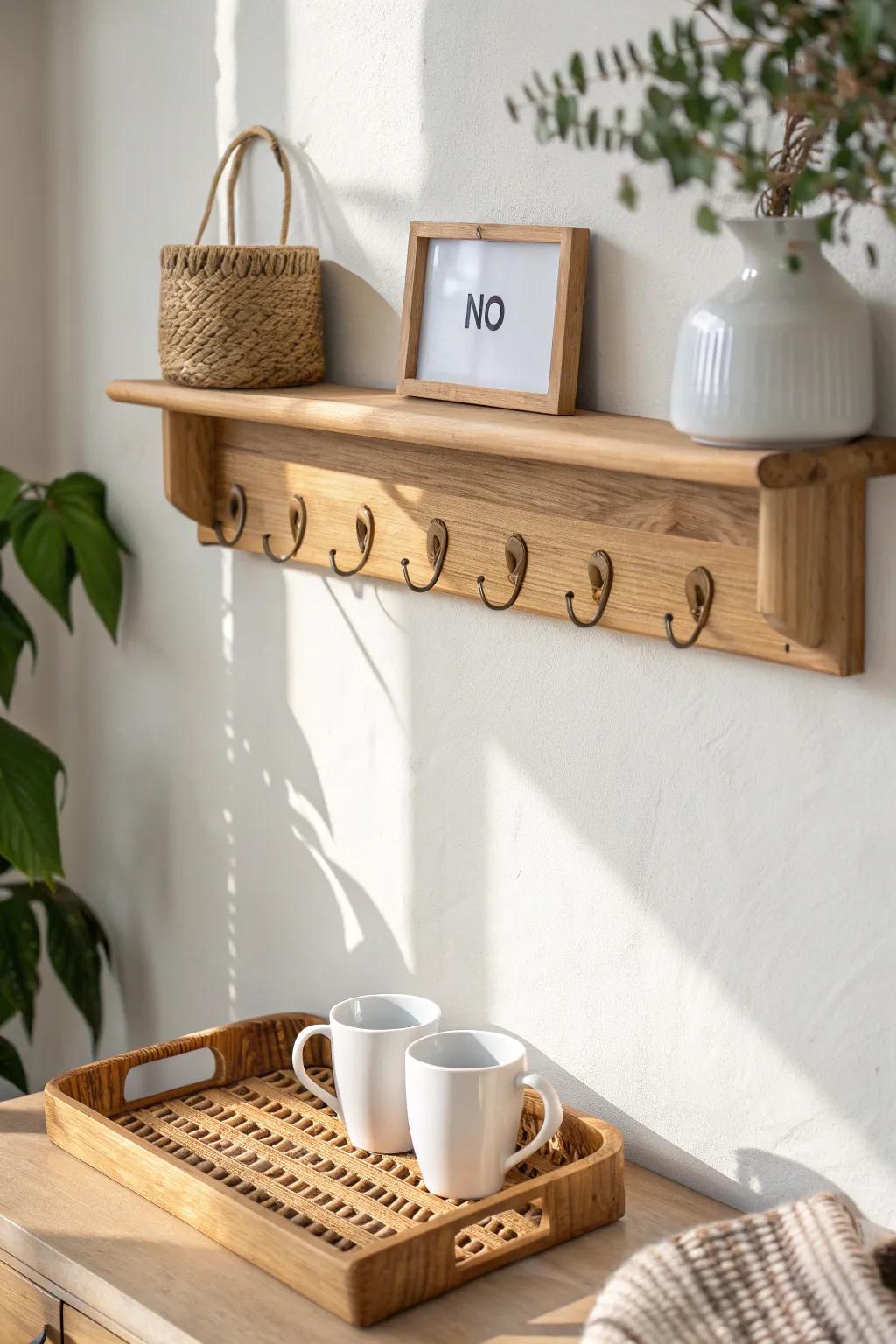 Brass mug hooks under a light oak shelf—simple, space-saving, and beautifully crafted.