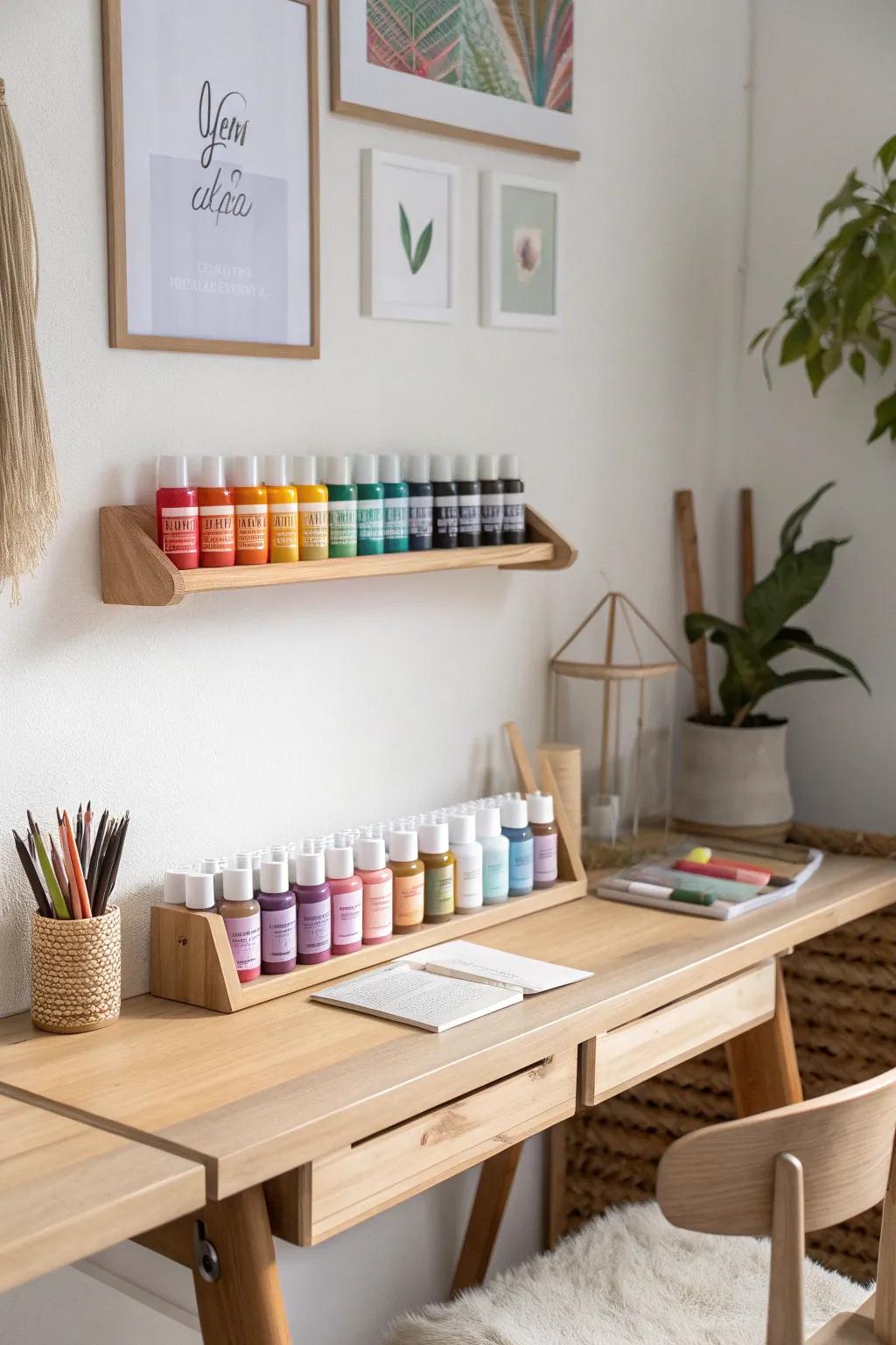 A skinny picture ledge keeps paint bottles sorted by color—pretty, practical, and desk-saving.