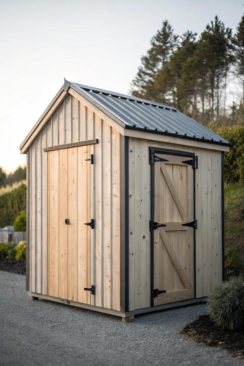 Minimal skid-base ATV shed: beautiful handcrafted wood, ready to relocate as your yard evolves.