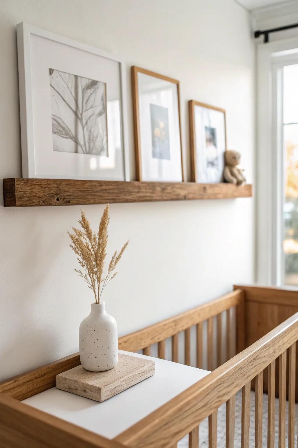 A slim reclaimed-wood picture ledge above the crib for easy, seasonal art swaps.