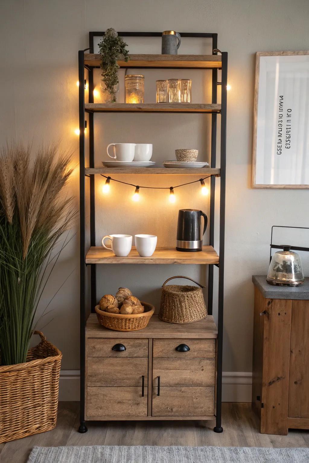 Warm shelf lights turn a baker’s rack coffee bar into a cozy night-time glow that highlights the wood.