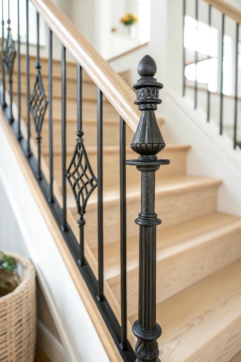 Matte black basket-and-knuckle baluster on light oak—simple detail, beautiful rhythm.