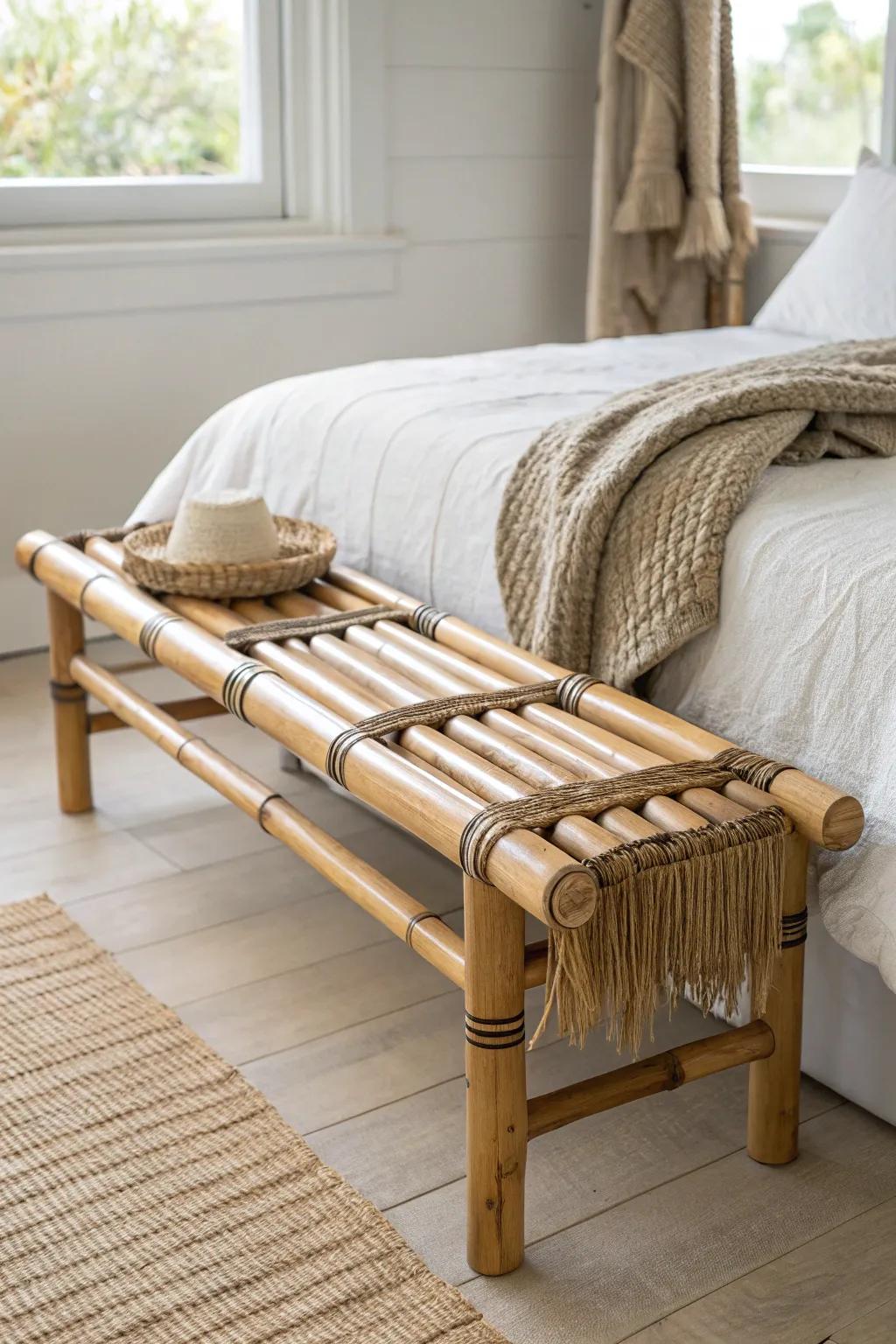 A slim bamboo bench adds warm texture—perfect for throws and tomorrow’s outfit.