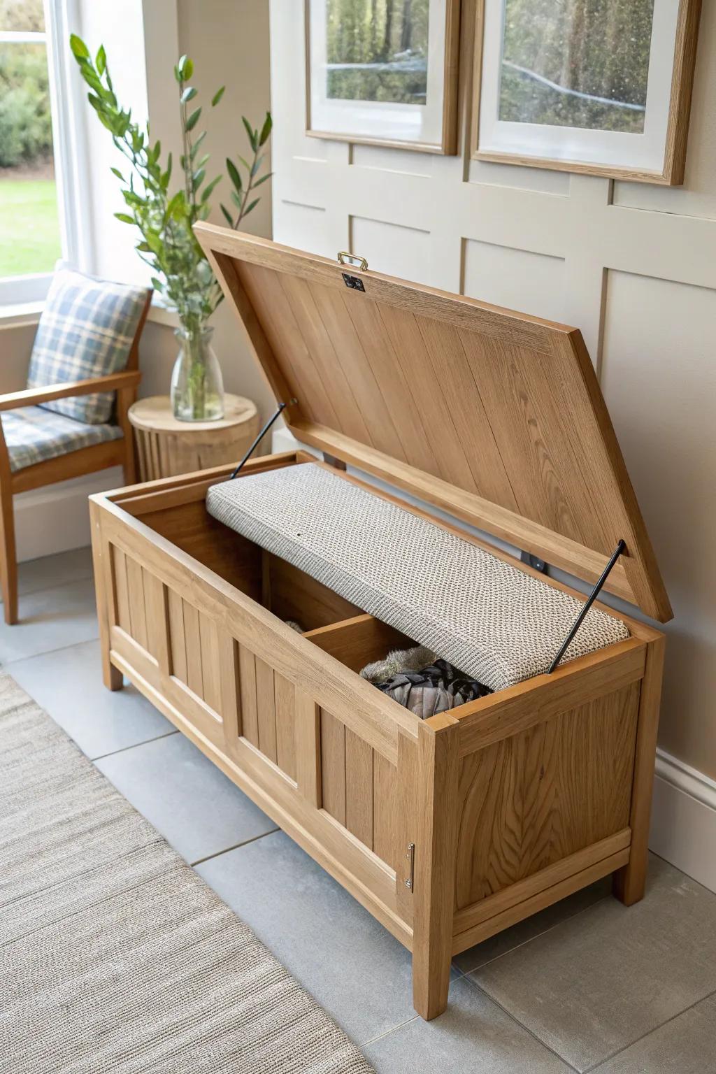 Lift-up banquette bench hides roomy storage—clean lines, warm oak, and cozy Scandi calm.