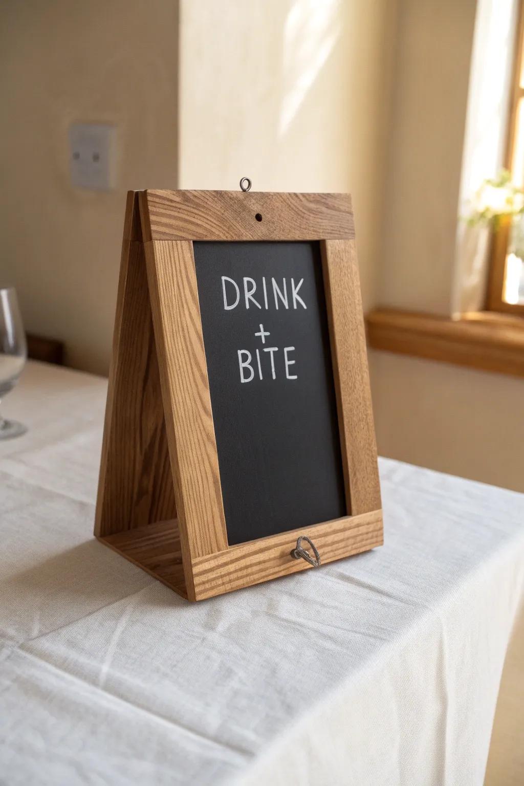 Handmade pairing mini menu board—simple Drink + Bite rows that make ordering effortless.