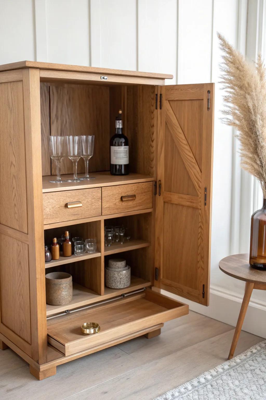 A calm, cabinet-hidden bar station with a pull-out tray—sip-ready, clutter-free.