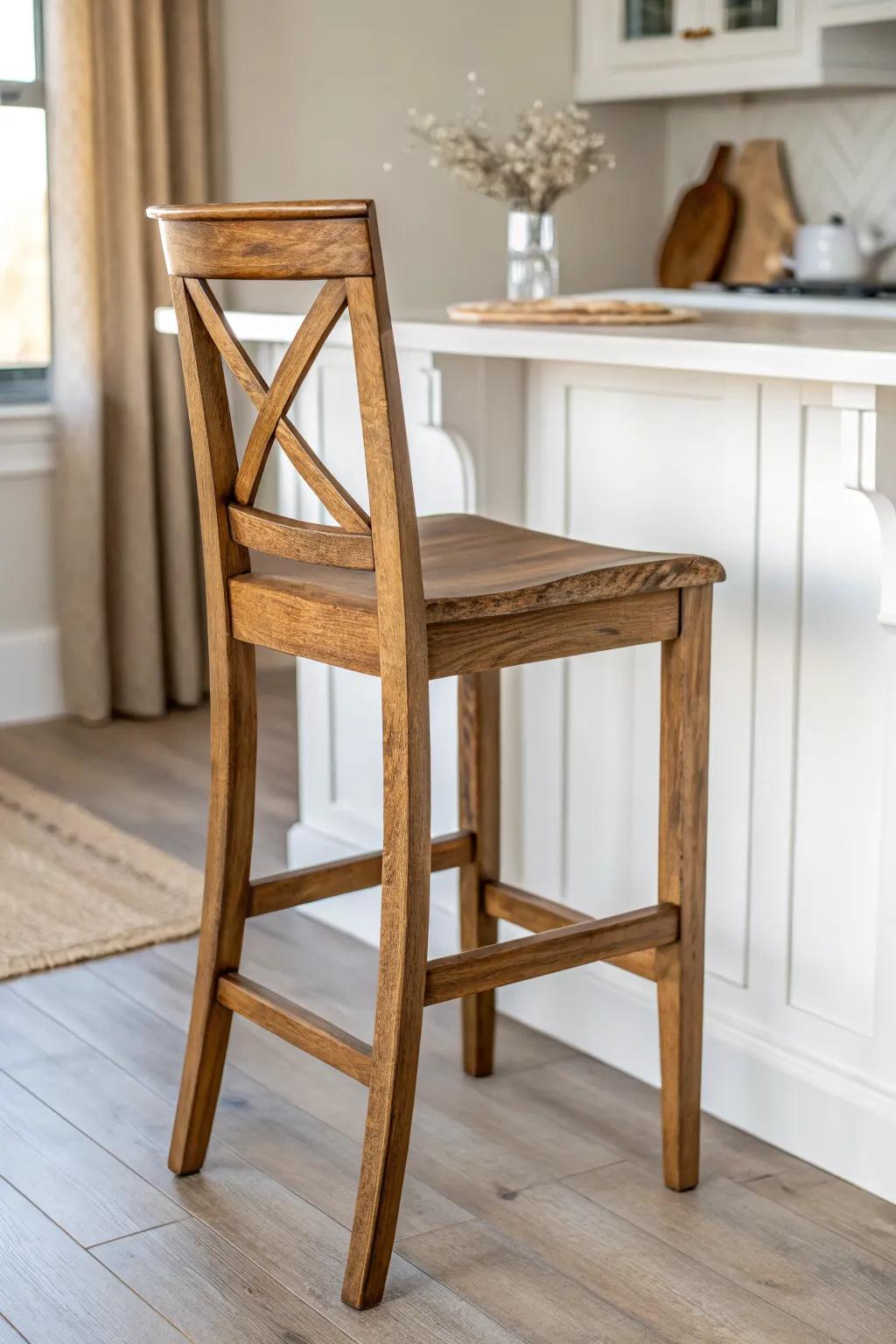 Farmhouse cross-back stool: warm oak contrast that elevates a crisp white shaker kitchen.