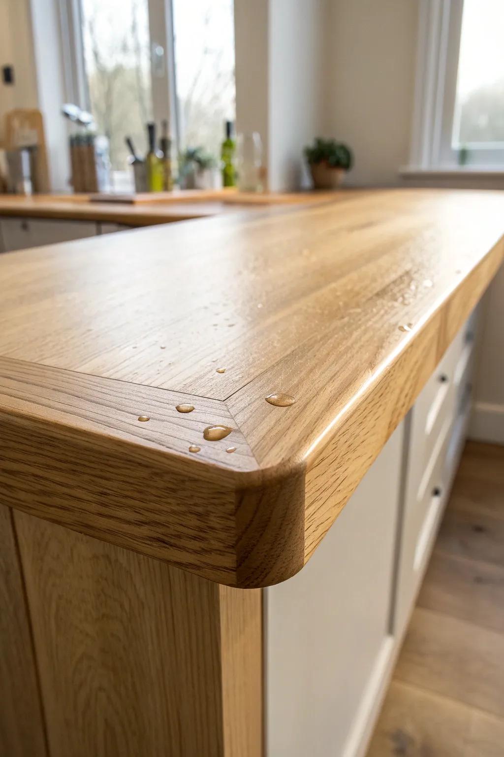 Beveled spill-lip edge: a subtle slope that keeps drips on the bar, not the front.