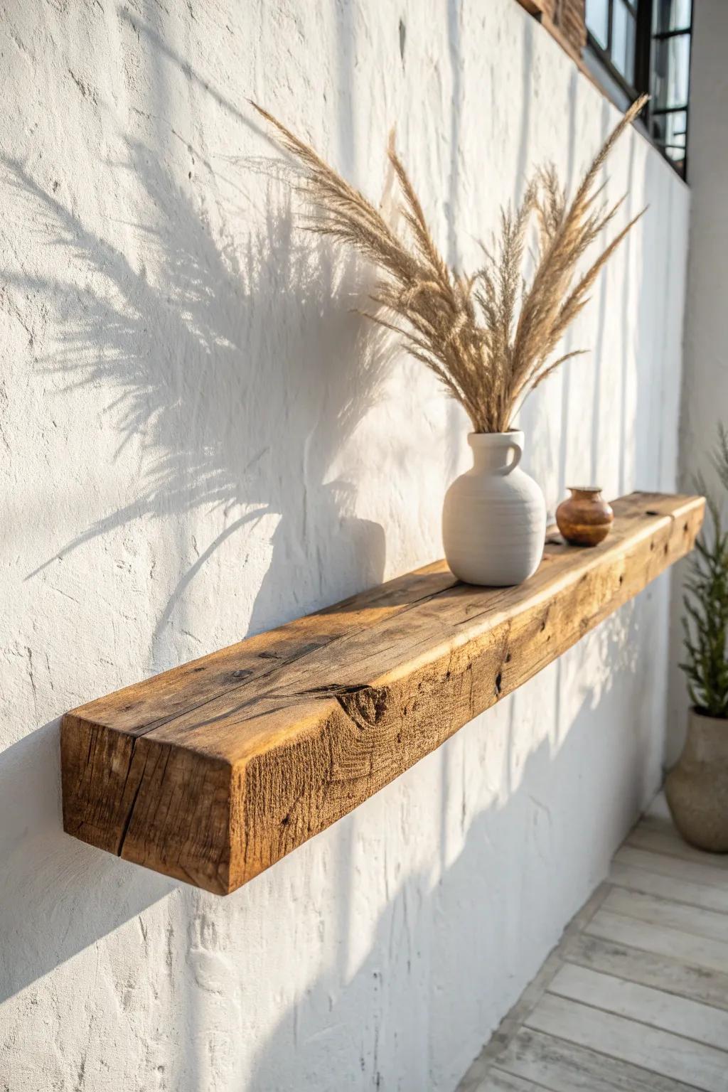 Chunky reclaimed barn beam floating shelf—weathered grain, clean lines, and warm contrast.