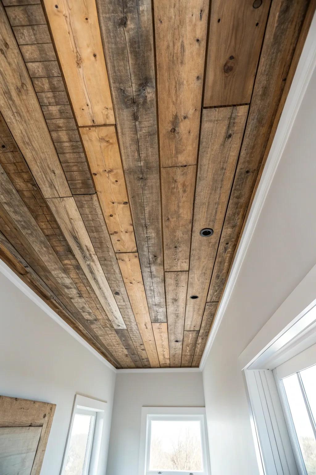 Reclaimed barnwood planks overhead—rich patina, saw marks, and perfectly imperfect charm.