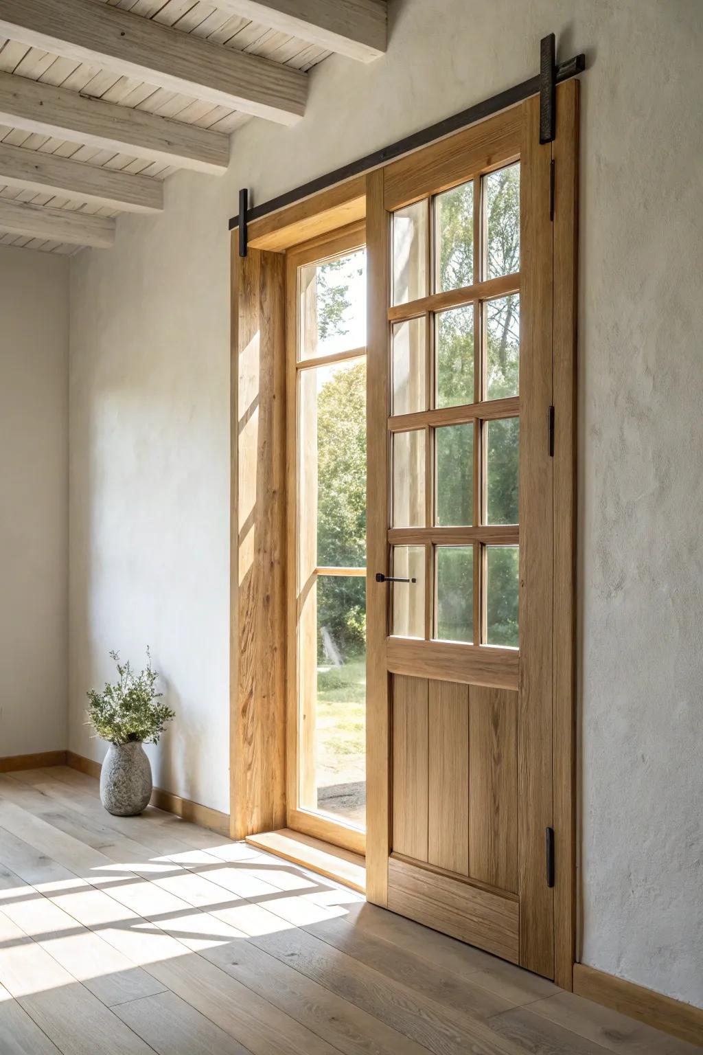 A windowpane barn door that divides spaces without stealing sunlight—airy, warm, and handmade.
