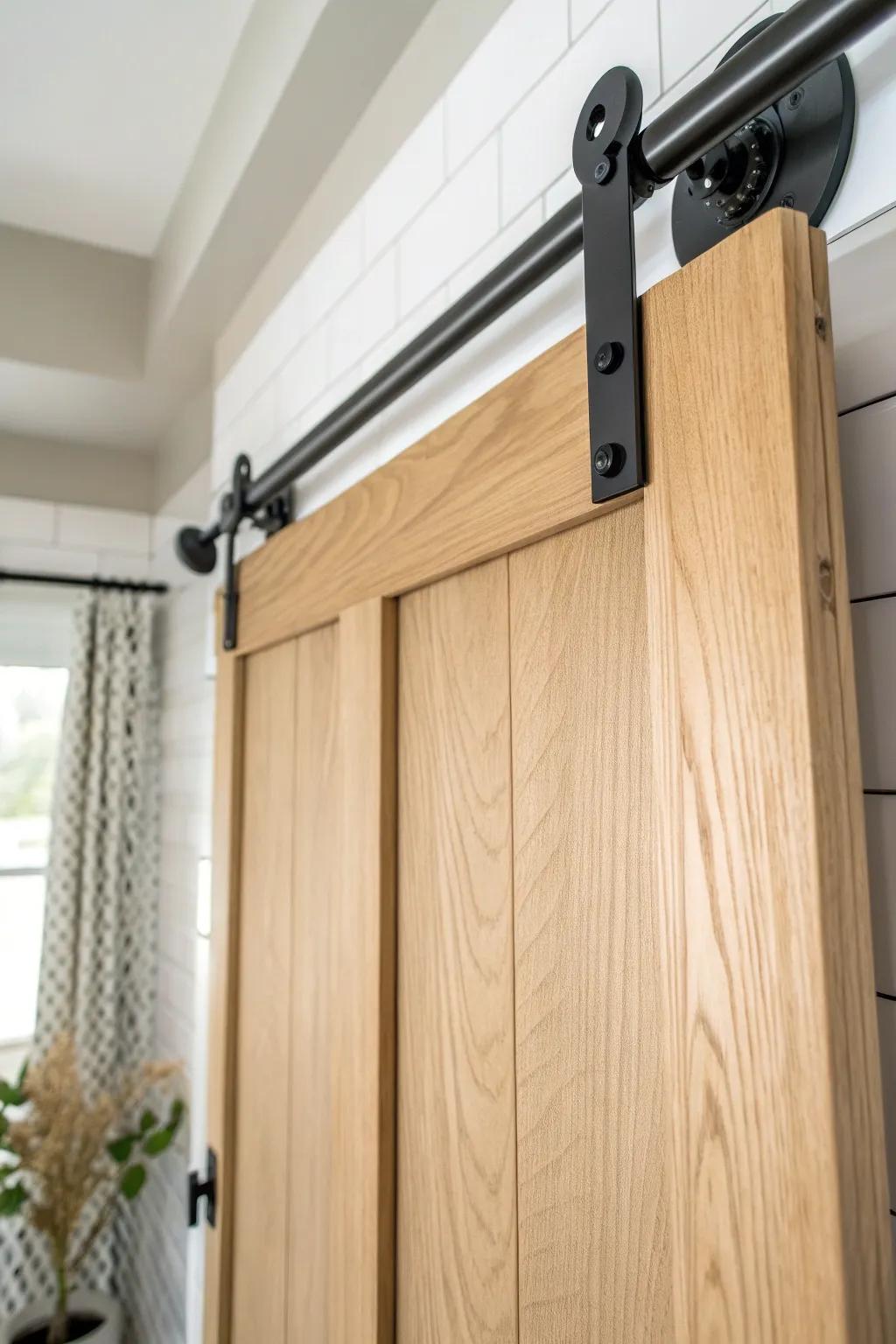 Bypass barn door shower on double tracks—sleek glide, warm oak, and bold black hardware.