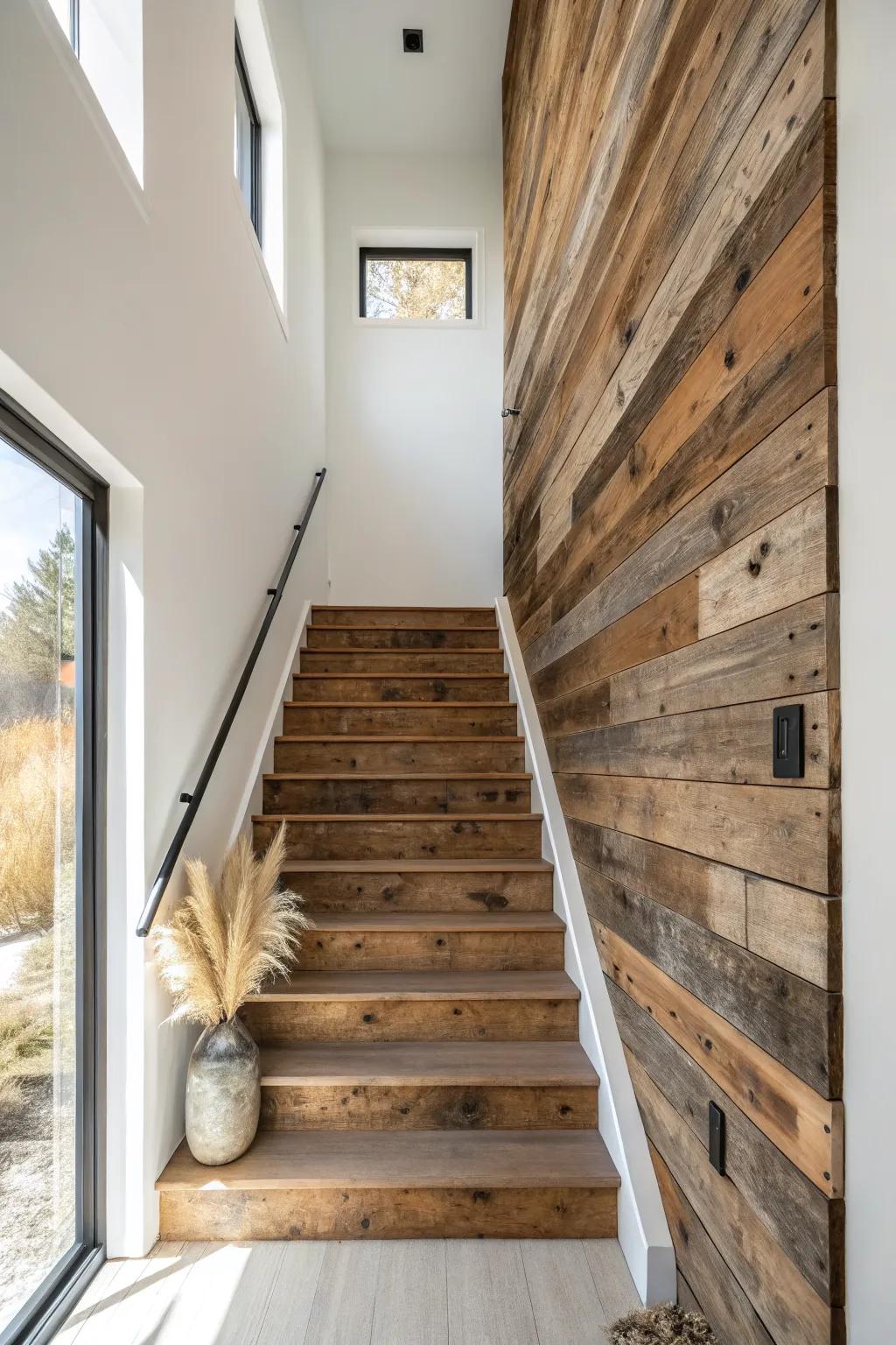 A tall stairwell barn wood wall turns weathered patina and grain into a true statement.