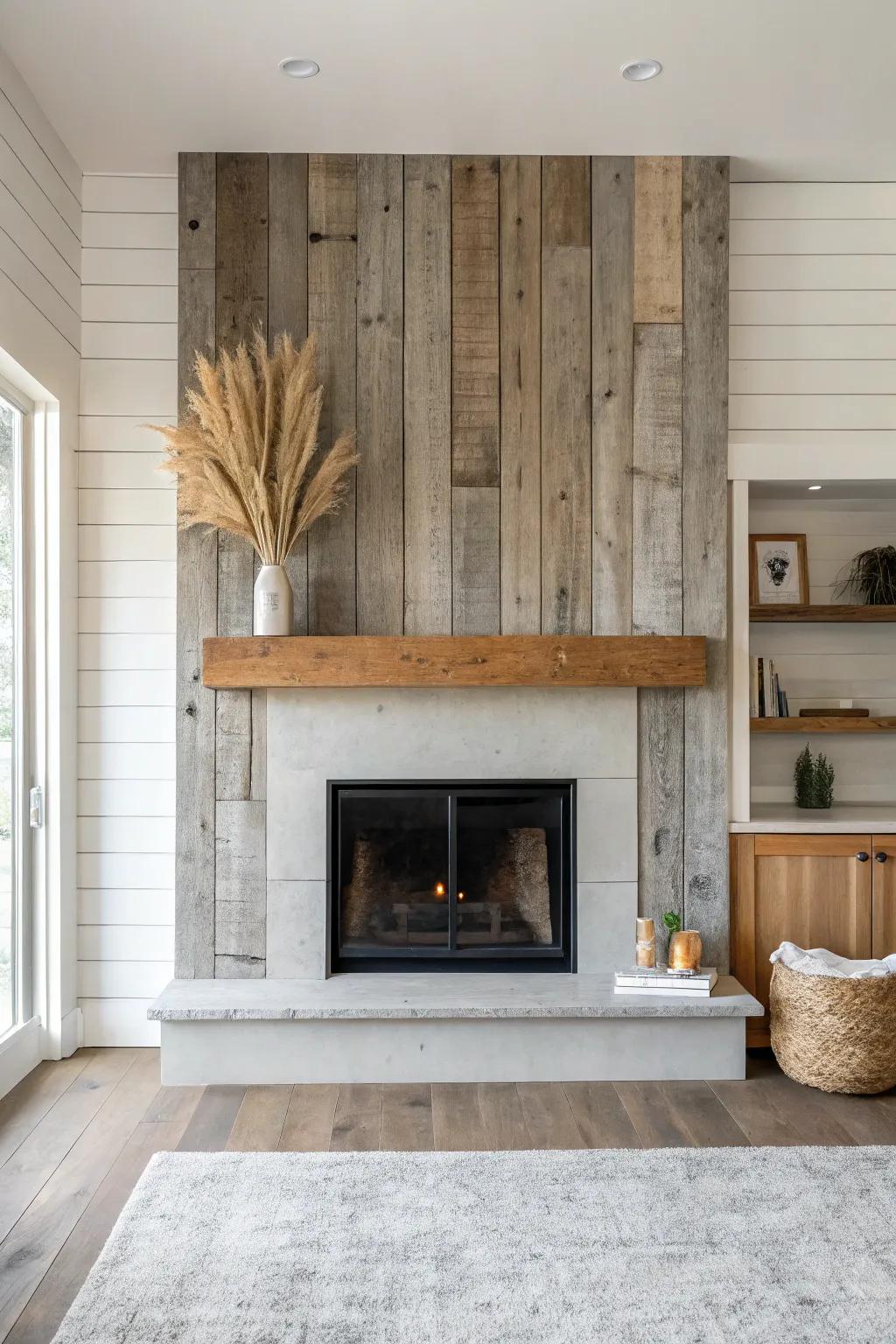 Reclaimed barn wood fireplace wall with a simple mantel—warm patina, clean Scandinavian calm.