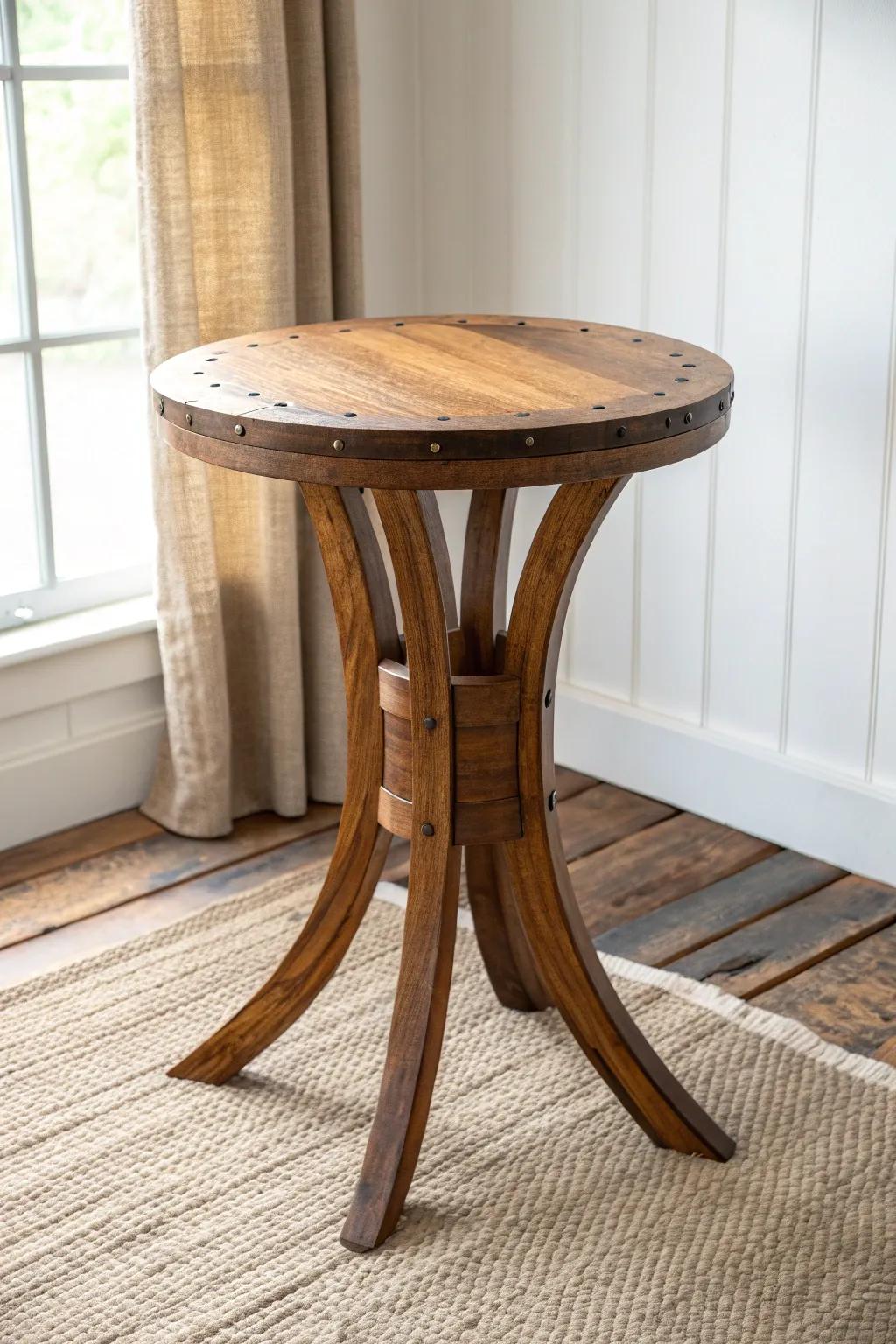 Sculptural side table with curved barrel-stave legs—minimal, warm, and handcrafted.