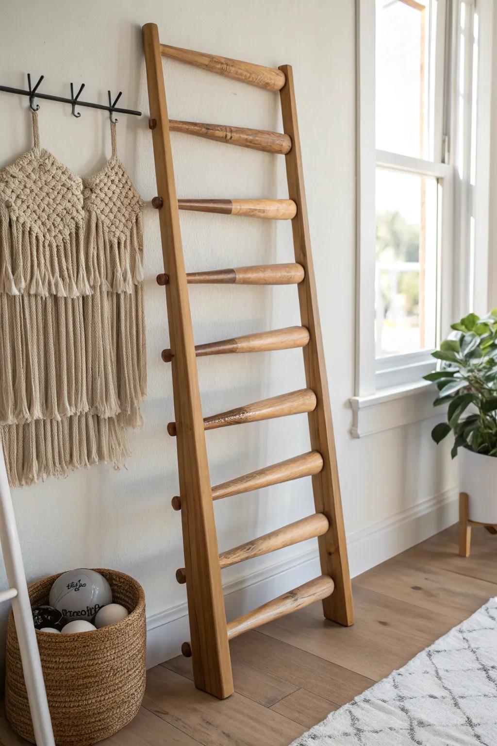 A ladder-style bat rack that turns your collection into a clean, graphic wall display.