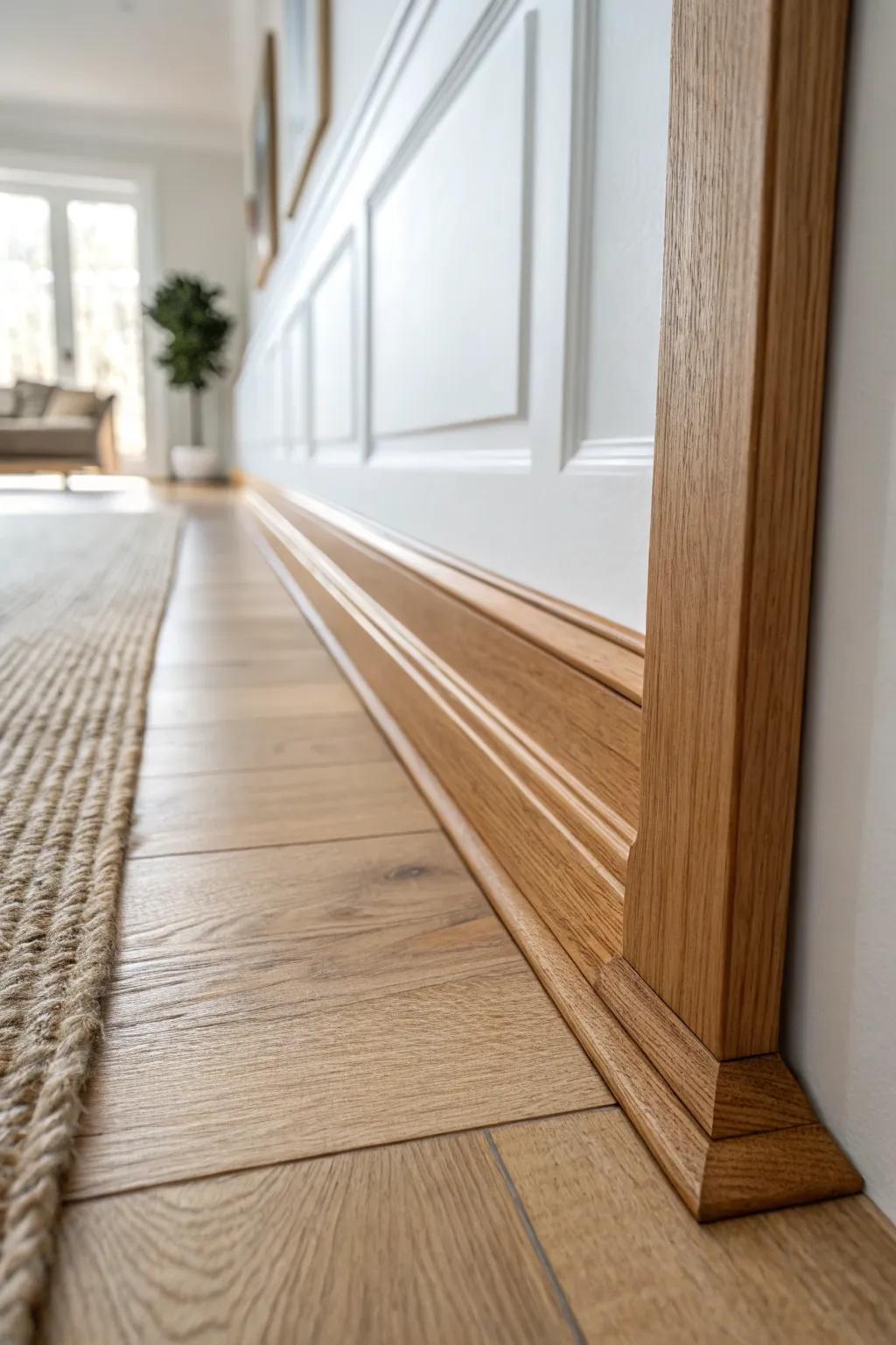 Seamless baseboard crown runs in a hallway—clean lines, hidden seams, and warm wood craftsmanship.