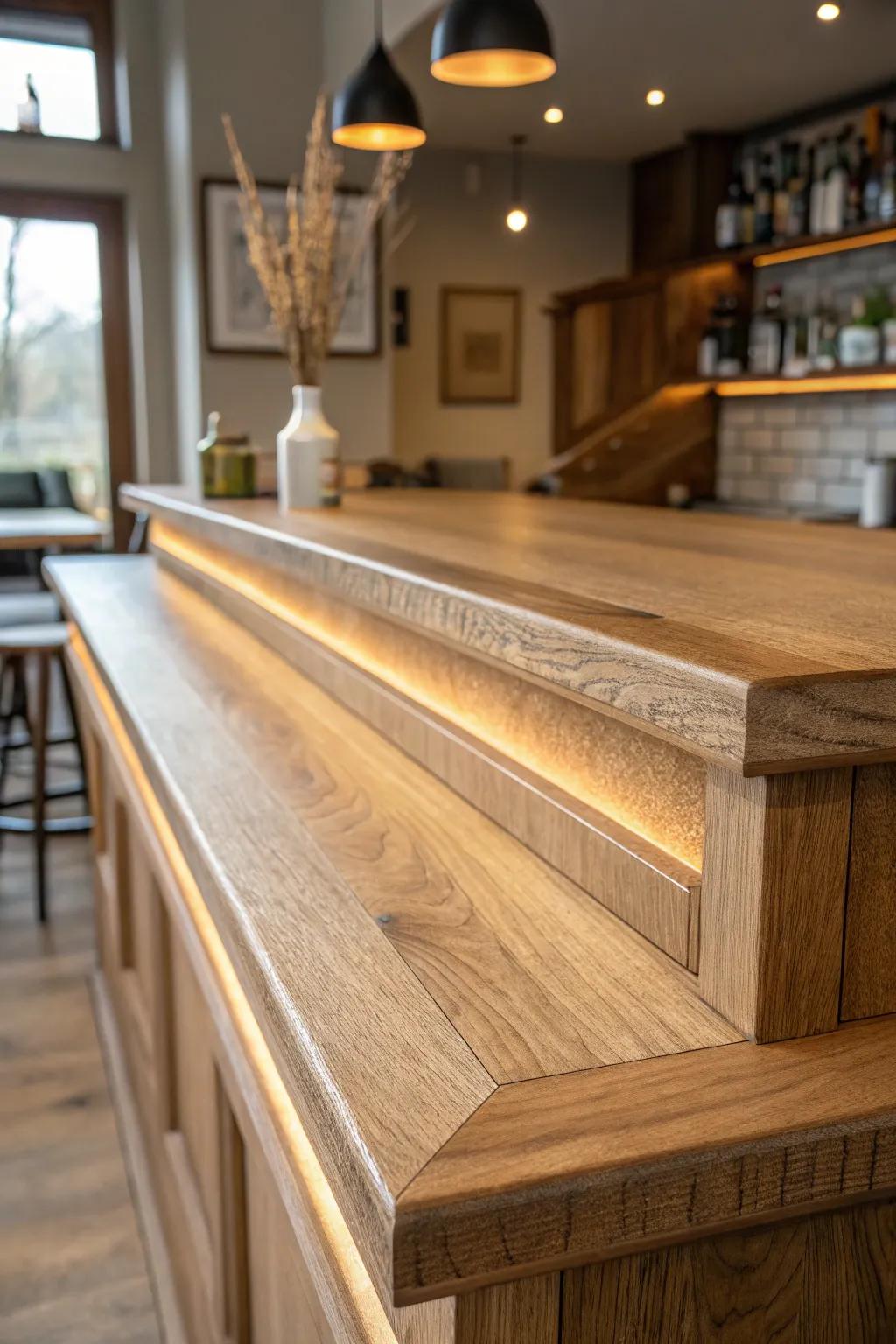 Two-tier bar top: a raised ledge for guests and a lower prep zone for a true bar feel.
