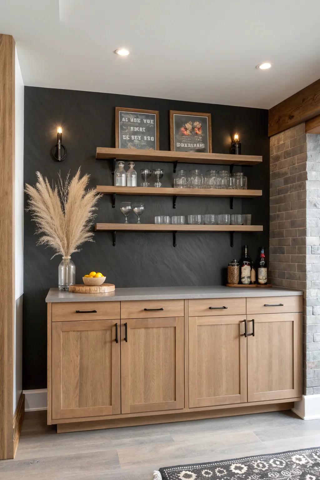 Light oak base cabinets with airy floating shelves—bar storage that feels intentional and calm.