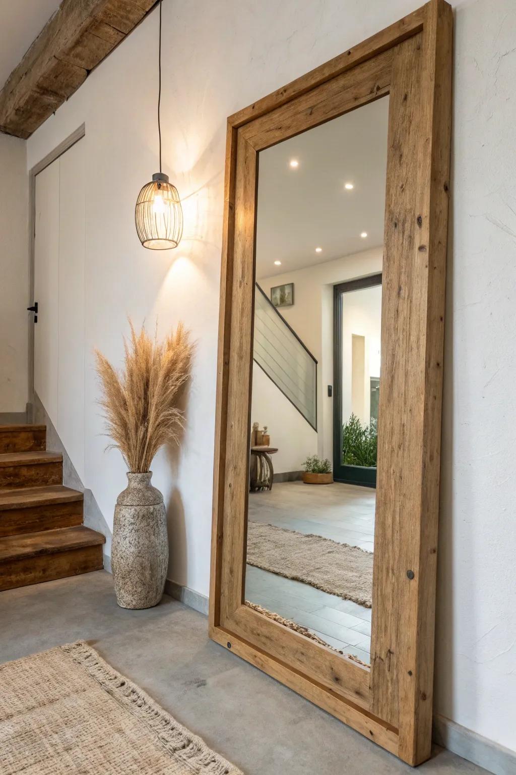 A reclaimed-wood framed mirror that bounces light and warms up a dark basement hallway.
