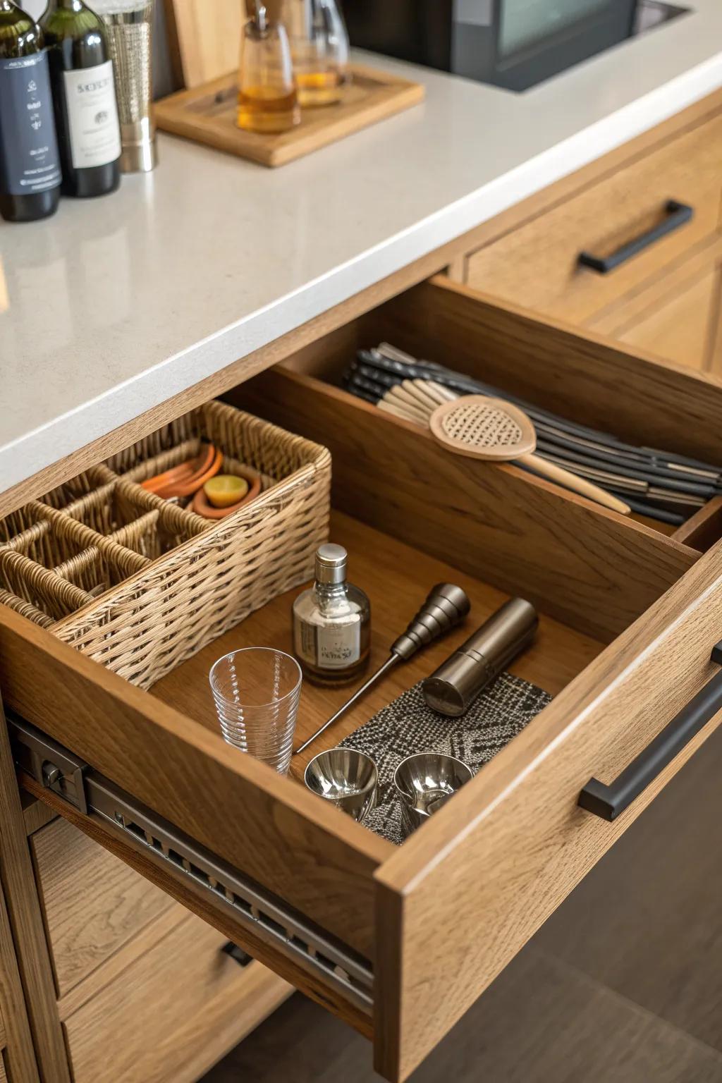 Deep oak drawer storage keeps snacks and bar tools hidden—beautiful, clutter-free basement bar.