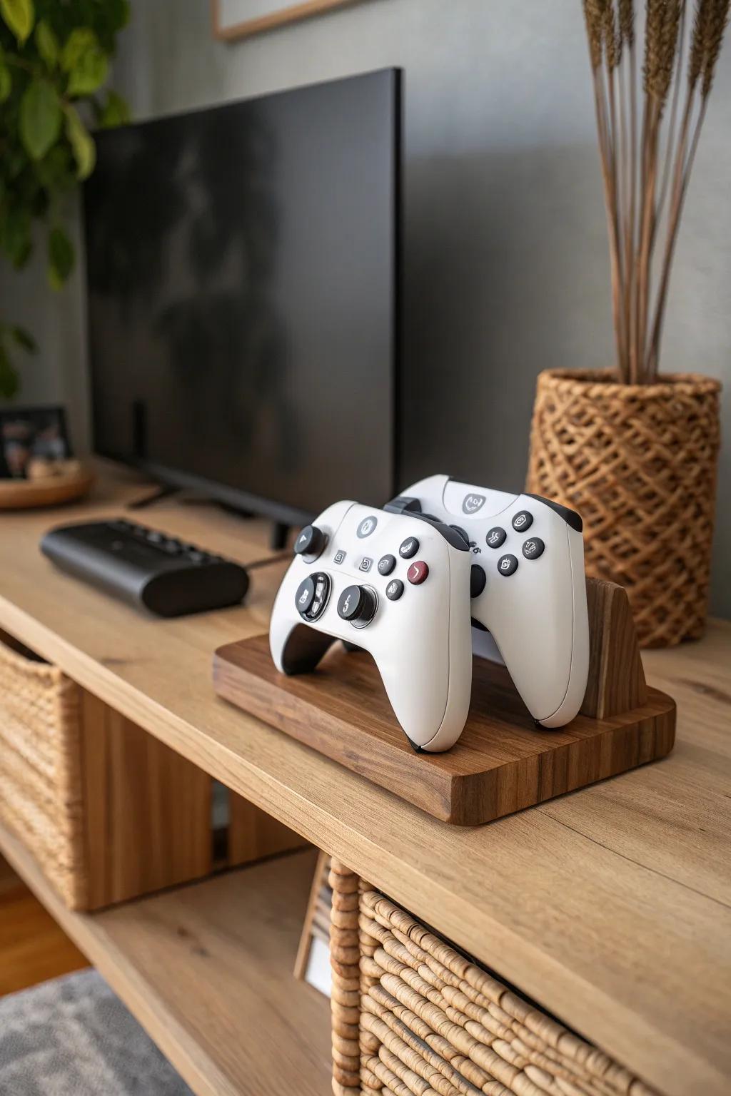 Handmade walnut controller dock with warm LED glow—minimalist gaming lounge detail that feels custom.