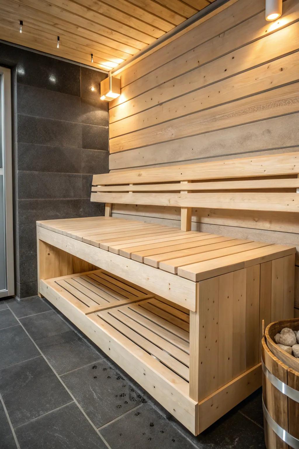 Two-tier sauna bench craftsmanship: upper for real heat, lower for a gentler, longer session.