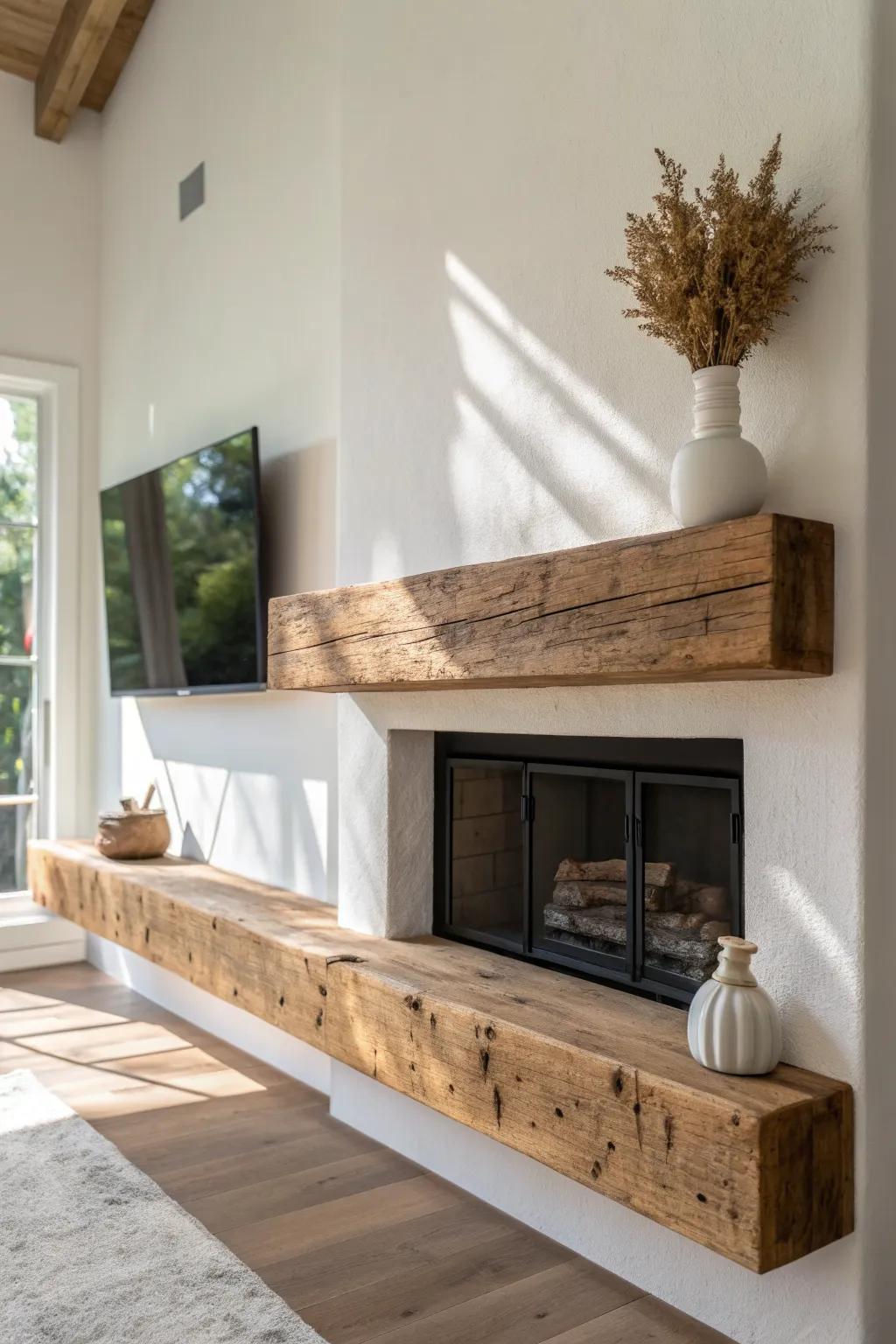A chunky reclaimed-wood floating mantel brings warm, grounded contrast to a basement fireplace wall.