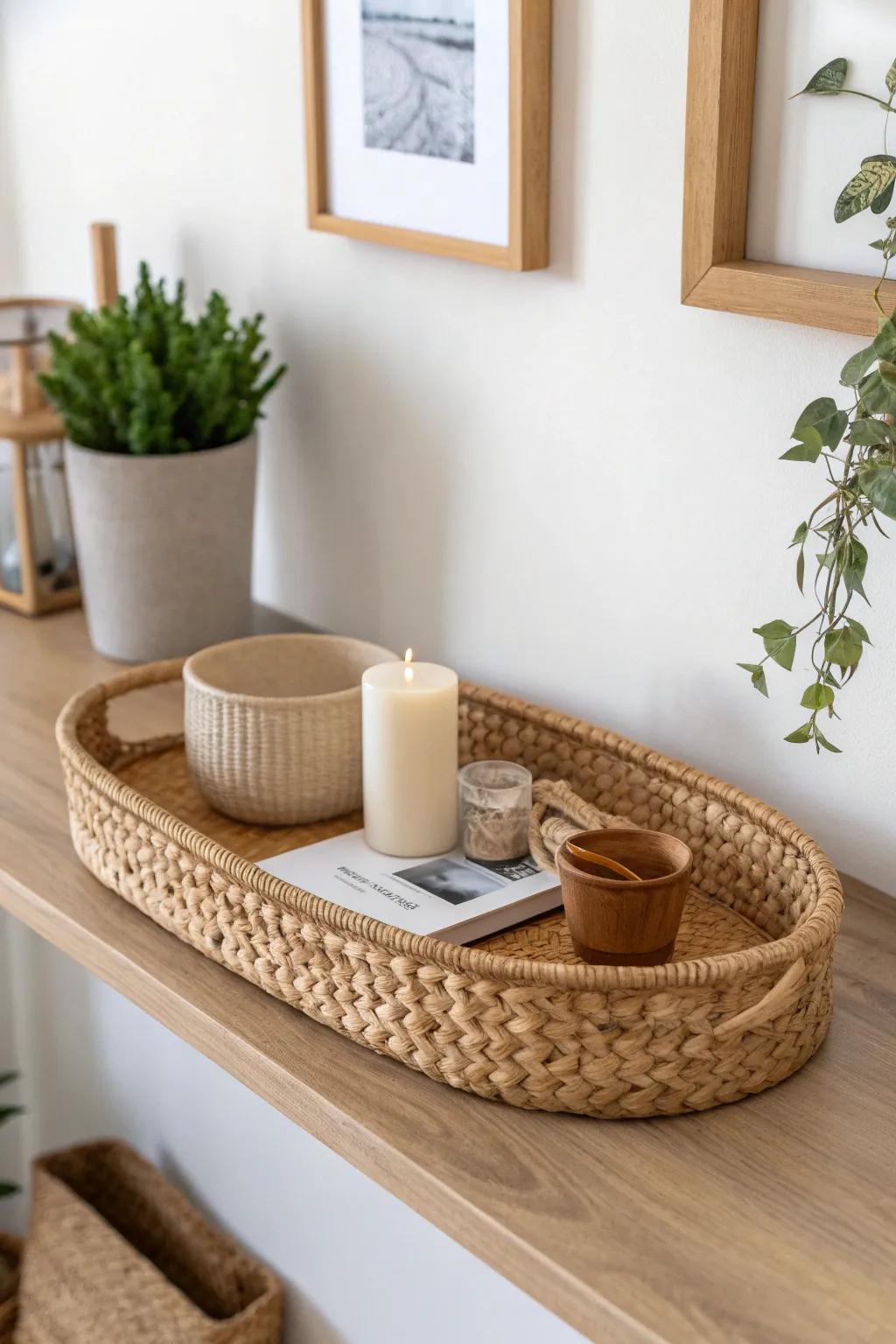 A tray-style basket turns small shelf decor into one clean, styled moment—no clutter.