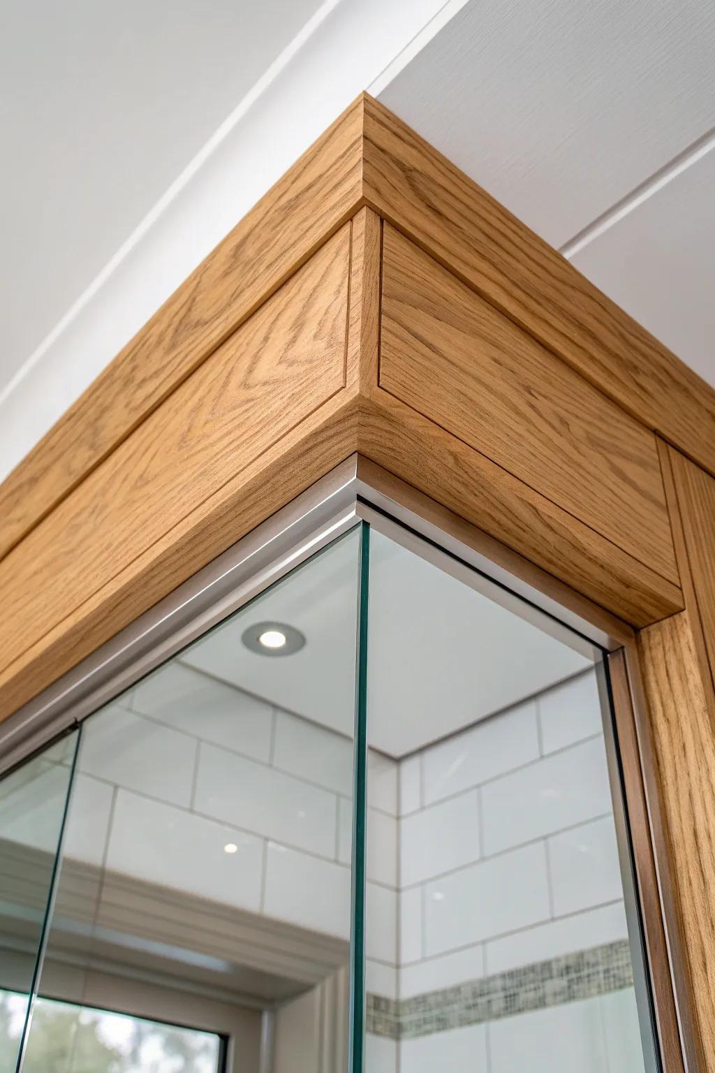 Warm oak ceiling trim wraps into the glass shower zone—clean lines, sealed finish, spa calm.